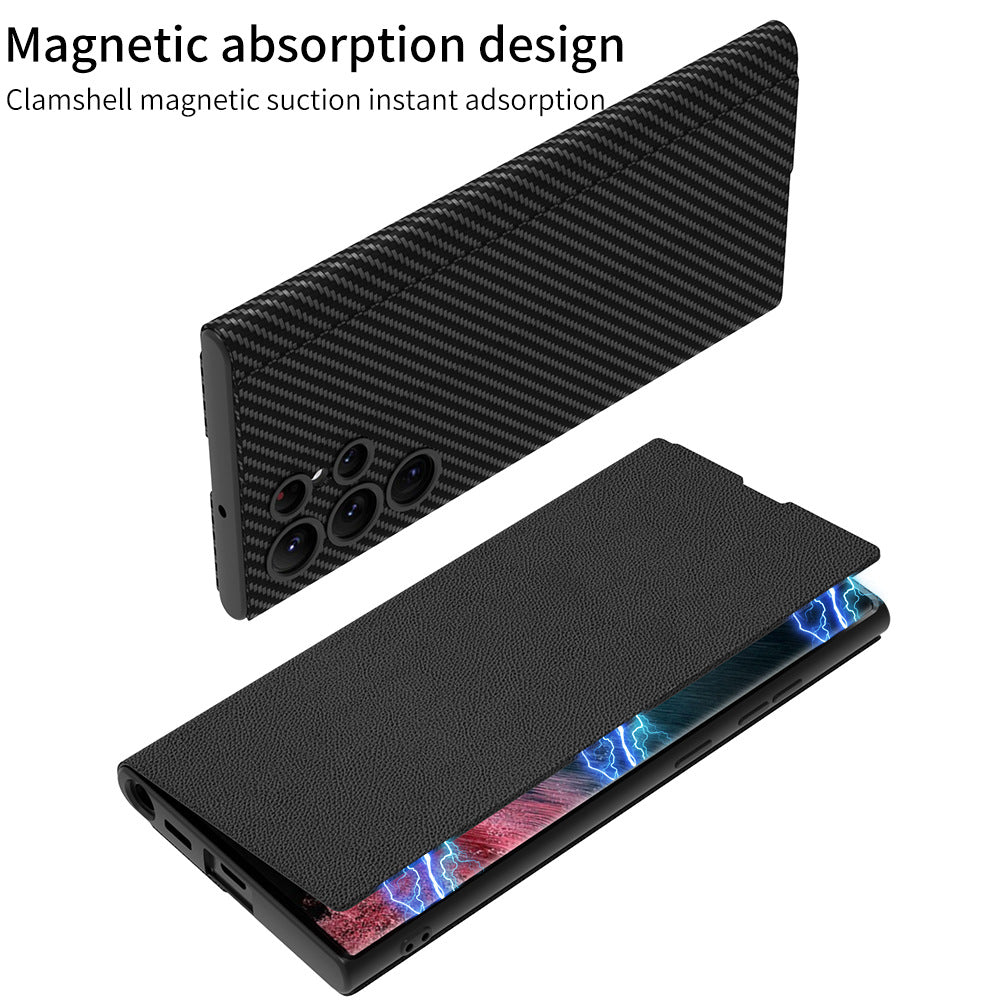 "All-Inclusive Magnetische Saug-Ledertasche mit Feinen Löchern für Samsung - in Waldgrün, Kalt-Schwarz, Karbonfaser-Muster und Weinrot"