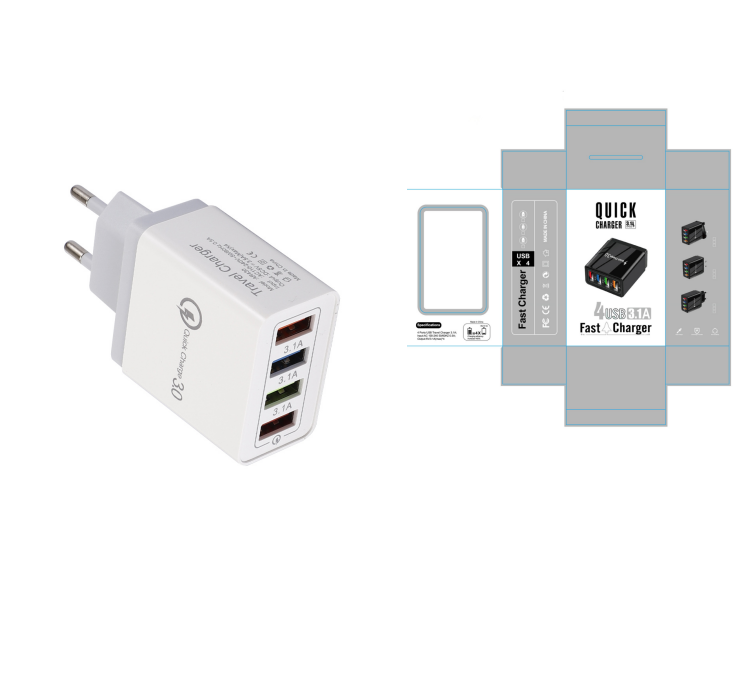 "Schnell-Ladegerät USB 3.0 mit 4 Ports, Kompatibel mit iPhone, Huawei & Mehr, Tragbare Wandladegerät für Zuhause und Reise"