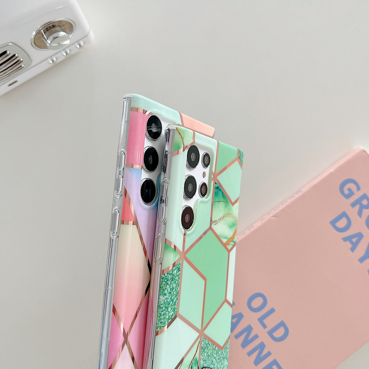 "Premium Elektroplattierte Diamant-Marmor Handyhülle, Stoßfeste Schutzhülle für Samsung S23, S23 Plus, S23 Ultra - in Rosa, Grün, Blau"