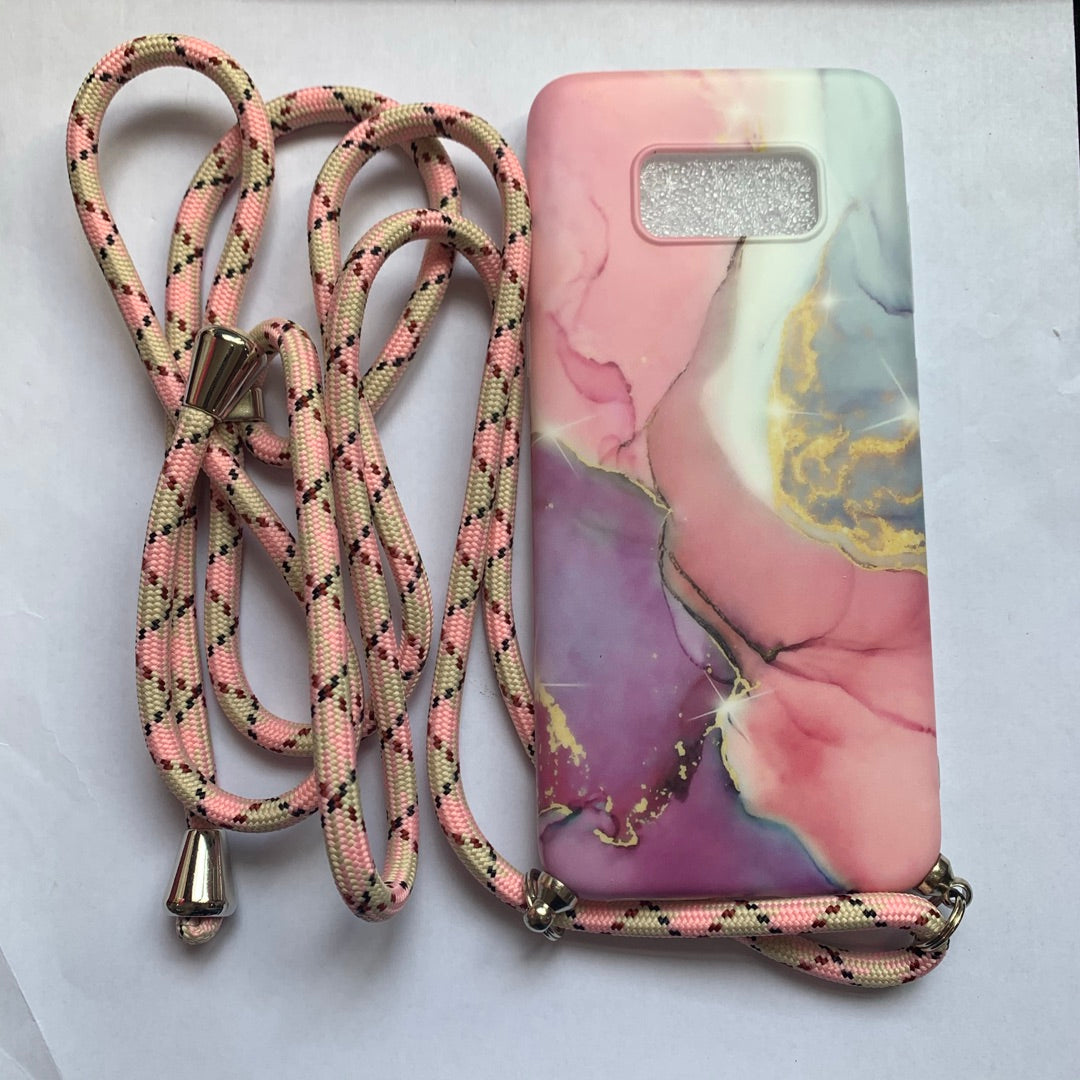 "Modische Marmormuster Samsung Handyhülle mit Lanyard in Pink, Dunkelblau und Hellgrün - TPU Rückenschutz"