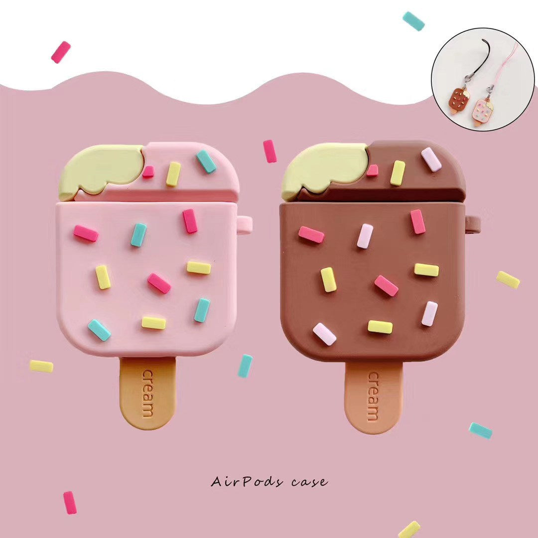 "Kompatibel mit Apple Airpods1/2 Generation: Popsicle Ohrhörerhülle im Cartoon-Stil - Silikon Flip-Typ, erhältlich in Pink und Braun"