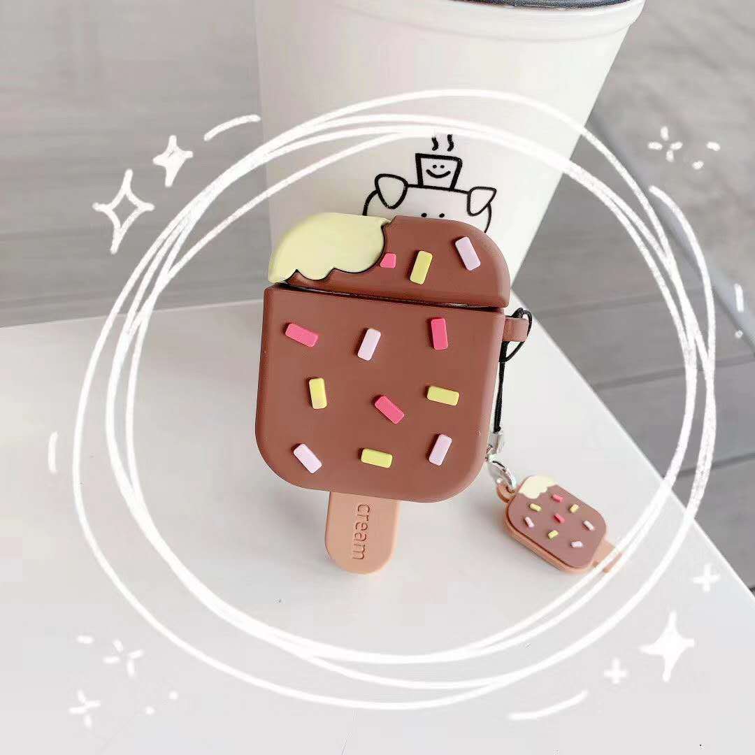 "Kompatibel mit Apple Airpods1/2 Generation: Popsicle Ohrhörerhülle im Cartoon-Stil - Silikon Flip-Typ, erhältlich in Pink und Braun"
