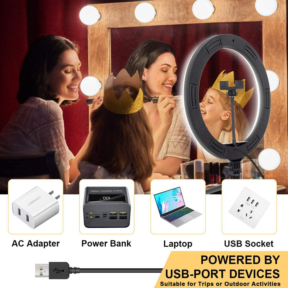 "Professionelles Studio Foto & MakeUp Licht mit einstellbarem Stativ, dimmbarem LED Ringlicht, USB-Ladefunktion - Kompatibel mit iPhone Modellen"