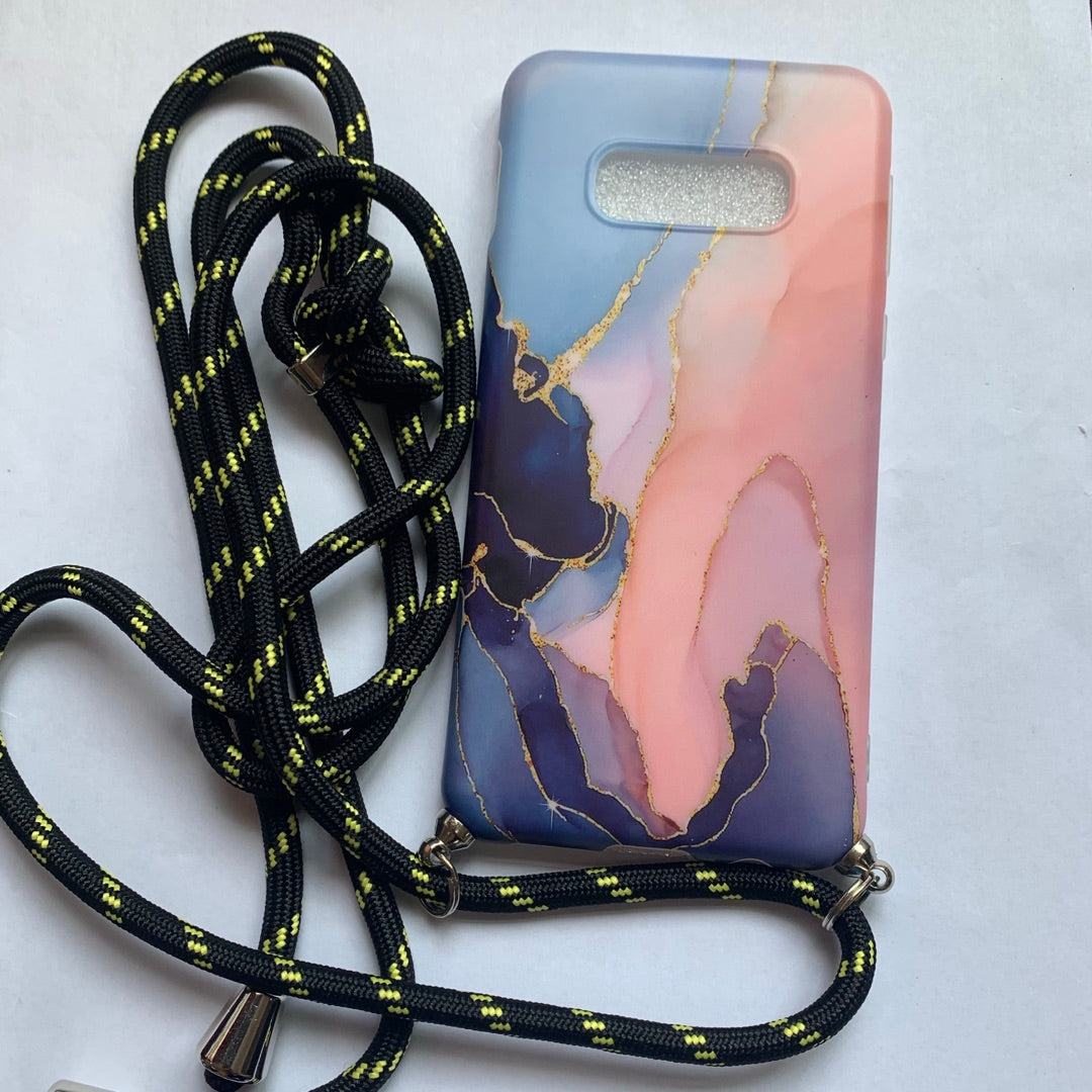 "Modische Marmormuster Samsung Handyhülle mit Lanyard in Pink, Dunkelblau und Hellgrün - TPU Rückenschutz"
