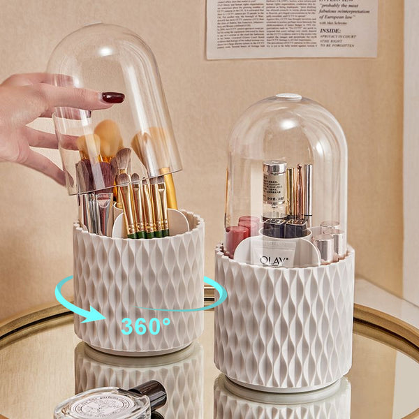 "Großkapazität Transparenter Kosmetik-Organizer mit 360° Drehung, Staubdichter Make-up-Pinselhalter mit Deckel aus Acryl für den Schreibtisch"