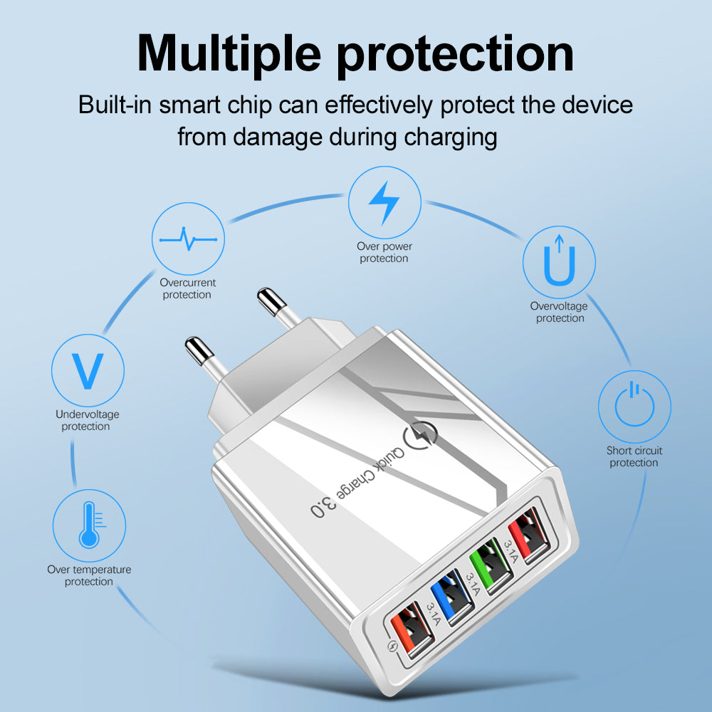 "Schnell-Ladegerät USB 3.0 mit 4 Ports, Kompatibel mit iPhone, Huawei & Mehr, Tragbare Wandladegerät für Zuhause und Reise"
