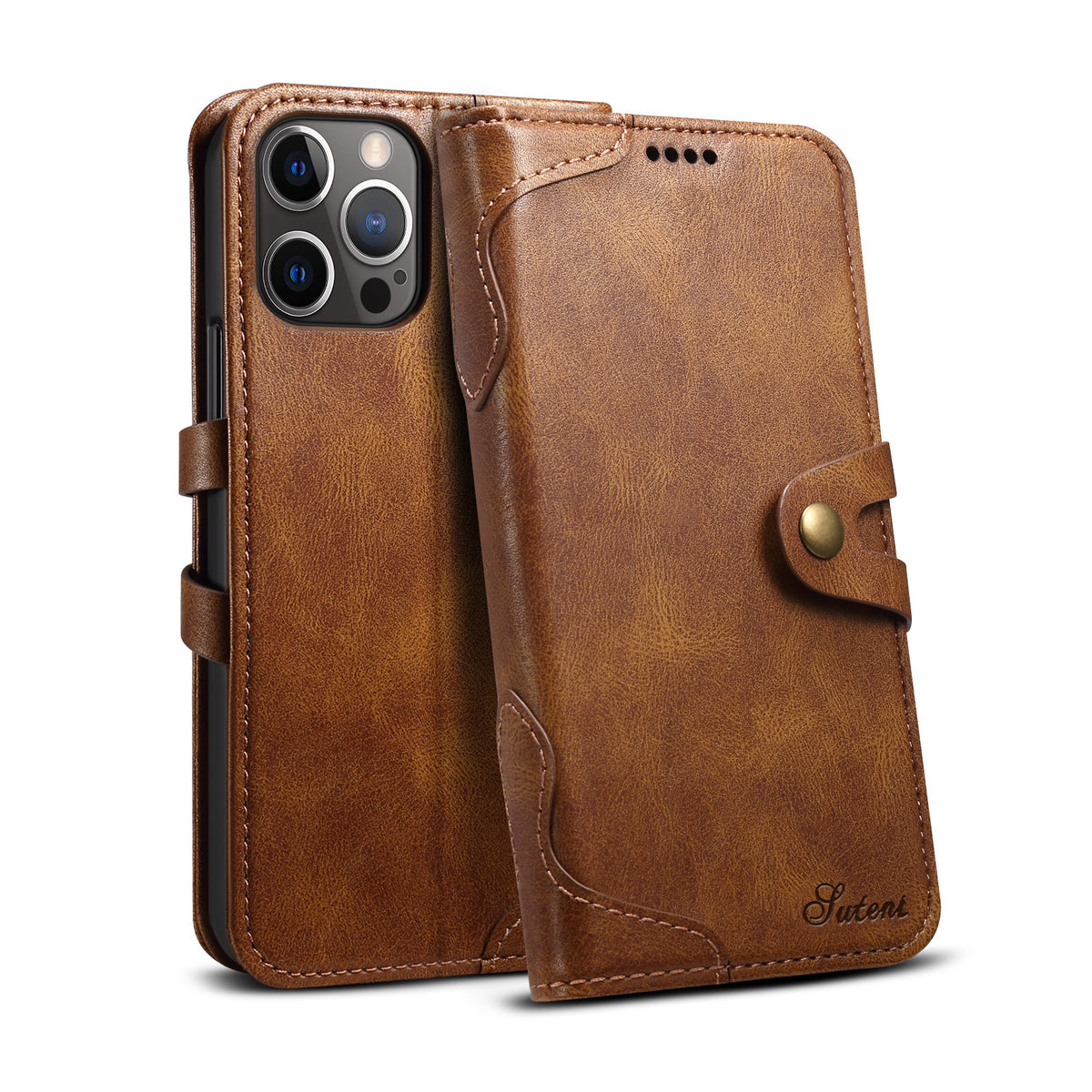 "Premium Leder Flip Wallet Handyhülle für iPhone 13, 13 Pro, 12 - Business-Stil in Schwarz, Braun, Rot, Blau"