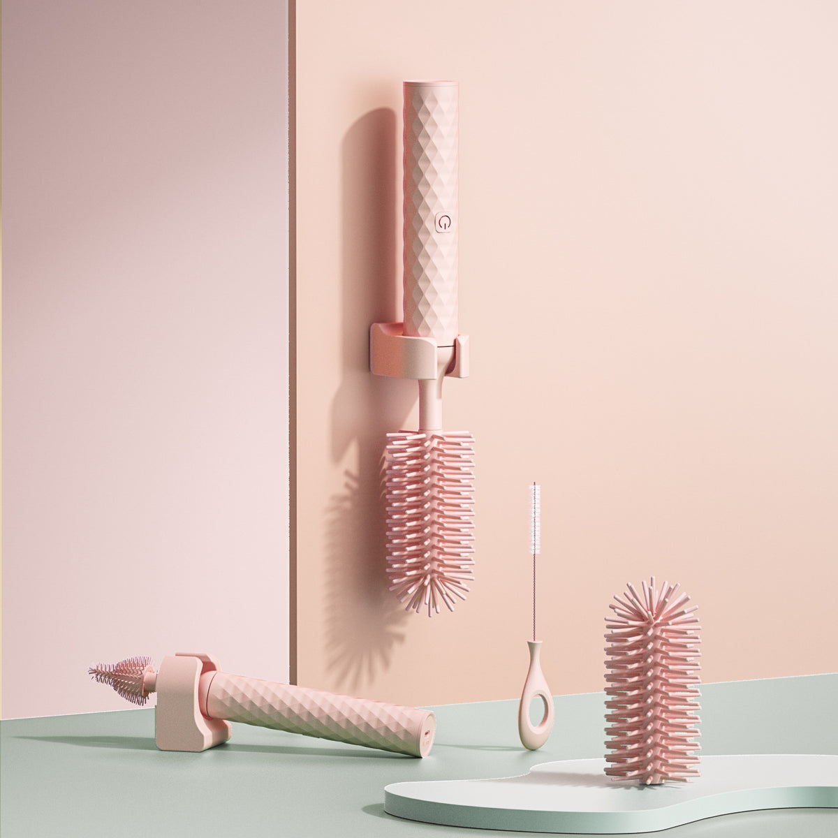 "360 Grad Drehbare Babyflaschenbürste aus Silikon mit Elektrischer Funktion - Pink/Grün, Hochwertige Materialien, 120OmAh Kapazität"