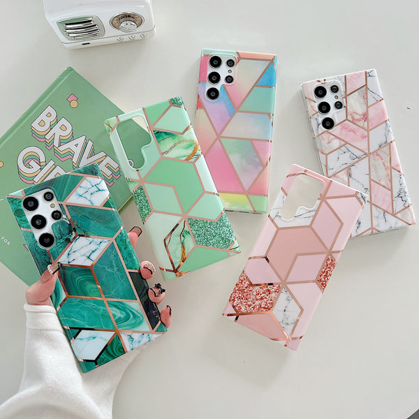 "Premium Elektroplattierte Diamant-Marmor Handyhülle, Stoßfeste Schutzhülle für Samsung S23, S23 Plus, S23 Ultra - in Rosa, Grün, Blau"