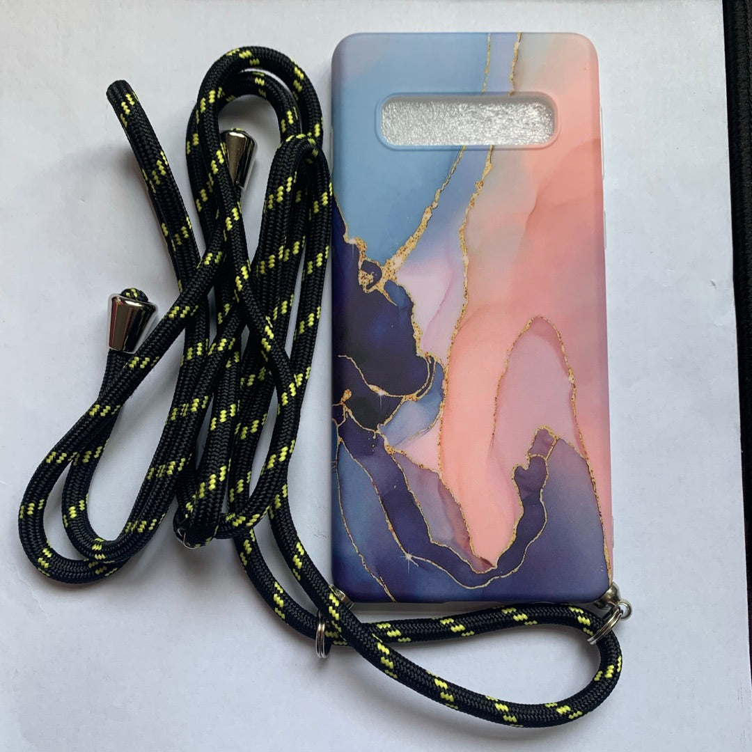 "Modische Marmormuster Samsung Handyhülle mit Lanyard in Pink, Dunkelblau und Hellgrün - TPU Rückenschutz"
