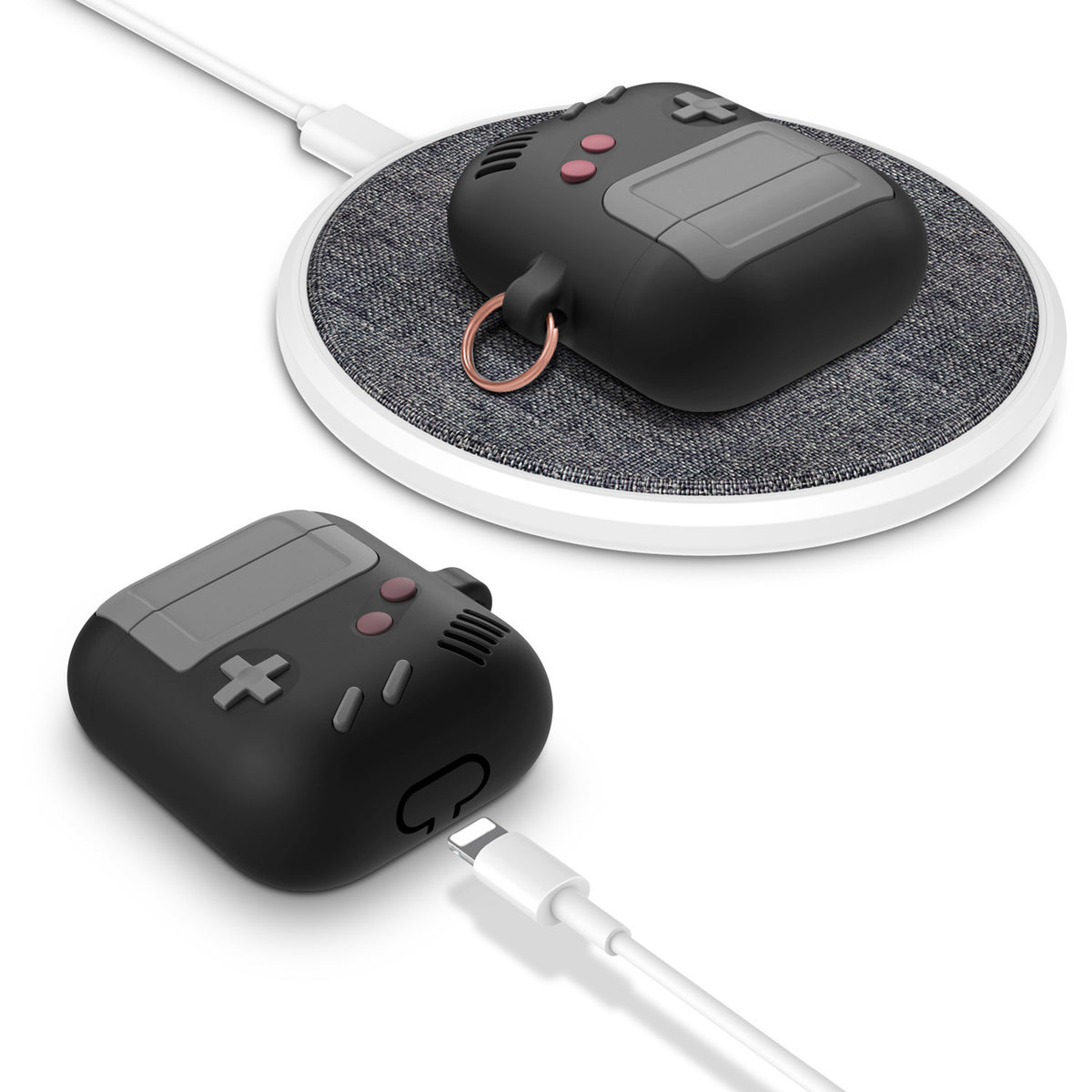 "Silikonhülle im klassischen Spielkonsolen-Design für Airpods Pro mit Schlüsselanhänger - Kompatibel mit Apple, Erhältlich in Schwarz und Grau"