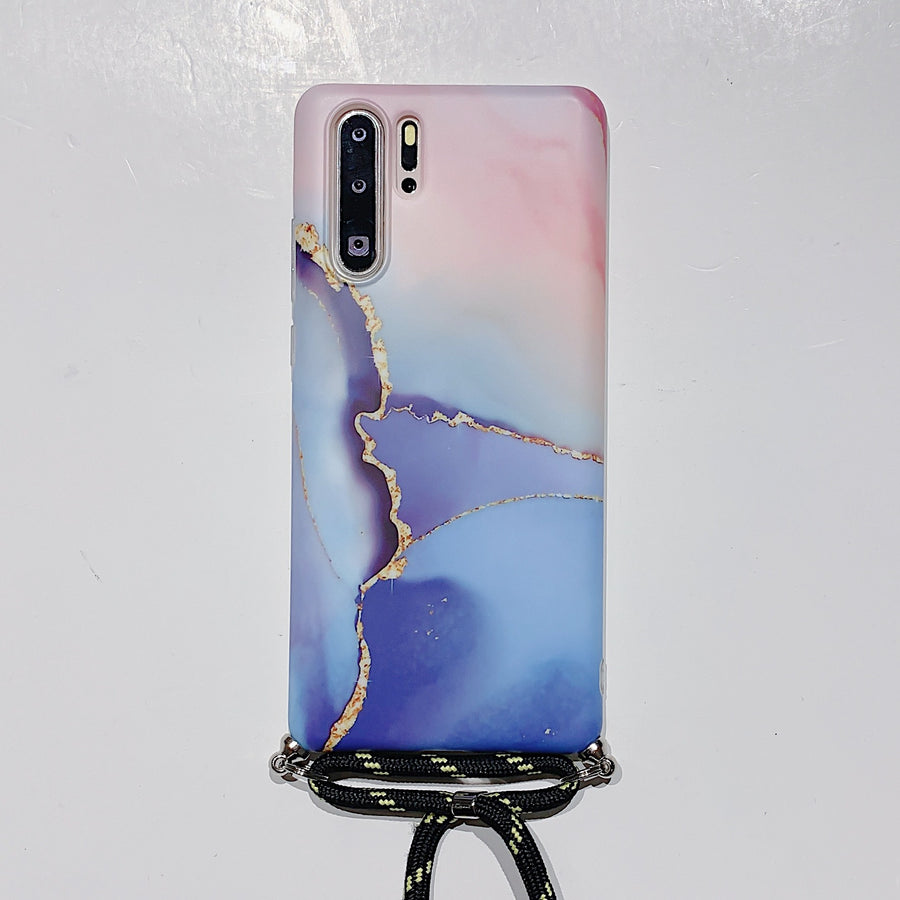 "Modische Marmormuster Samsung Handyhülle mit Lanyard in Pink, Dunkelblau und Hellgrün - TPU Rückenschutz"