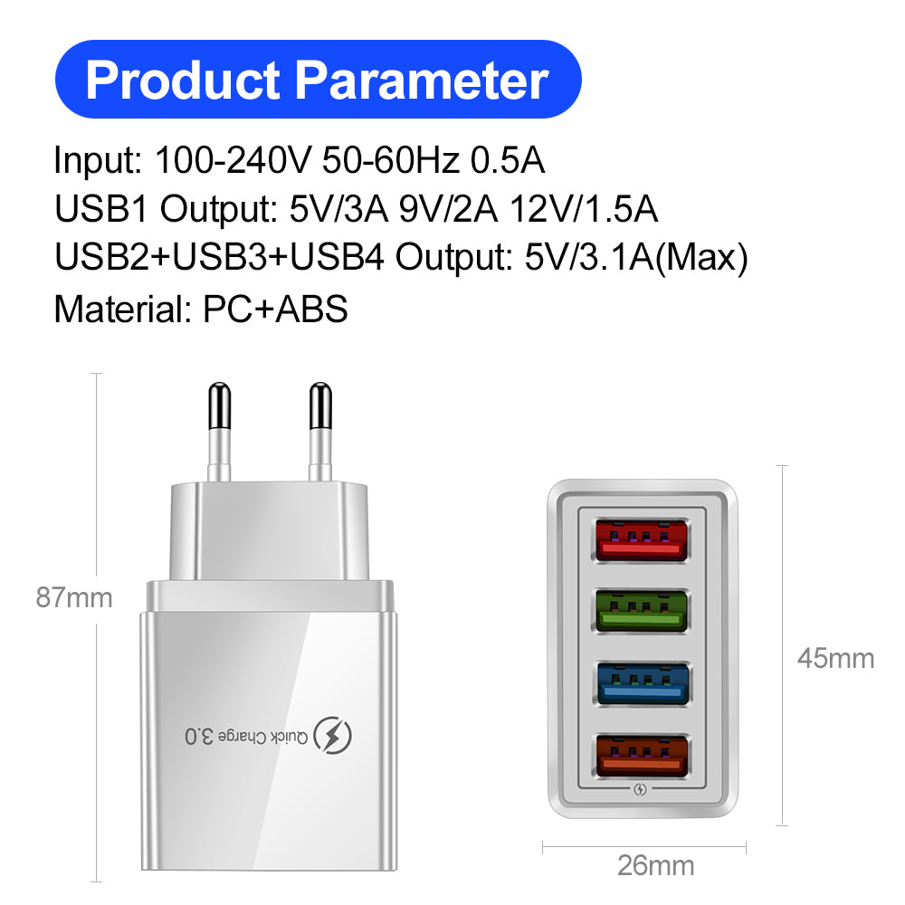 "Schnell-Ladegerät USB 3.0 mit 4 Ports, Kompatibel mit iPhone, Huawei & Mehr, Tragbare Wandladegerät für Zuhause und Reise"