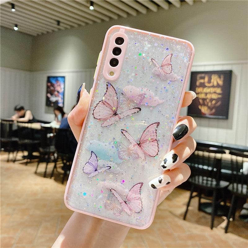 "Modische Epoxy Schmetterling Silikon Handyhülle, Kompatibel mit Samsung S21 Serie und A-Serie, Tier Element Design in Rosa, Lila, Minzblau"