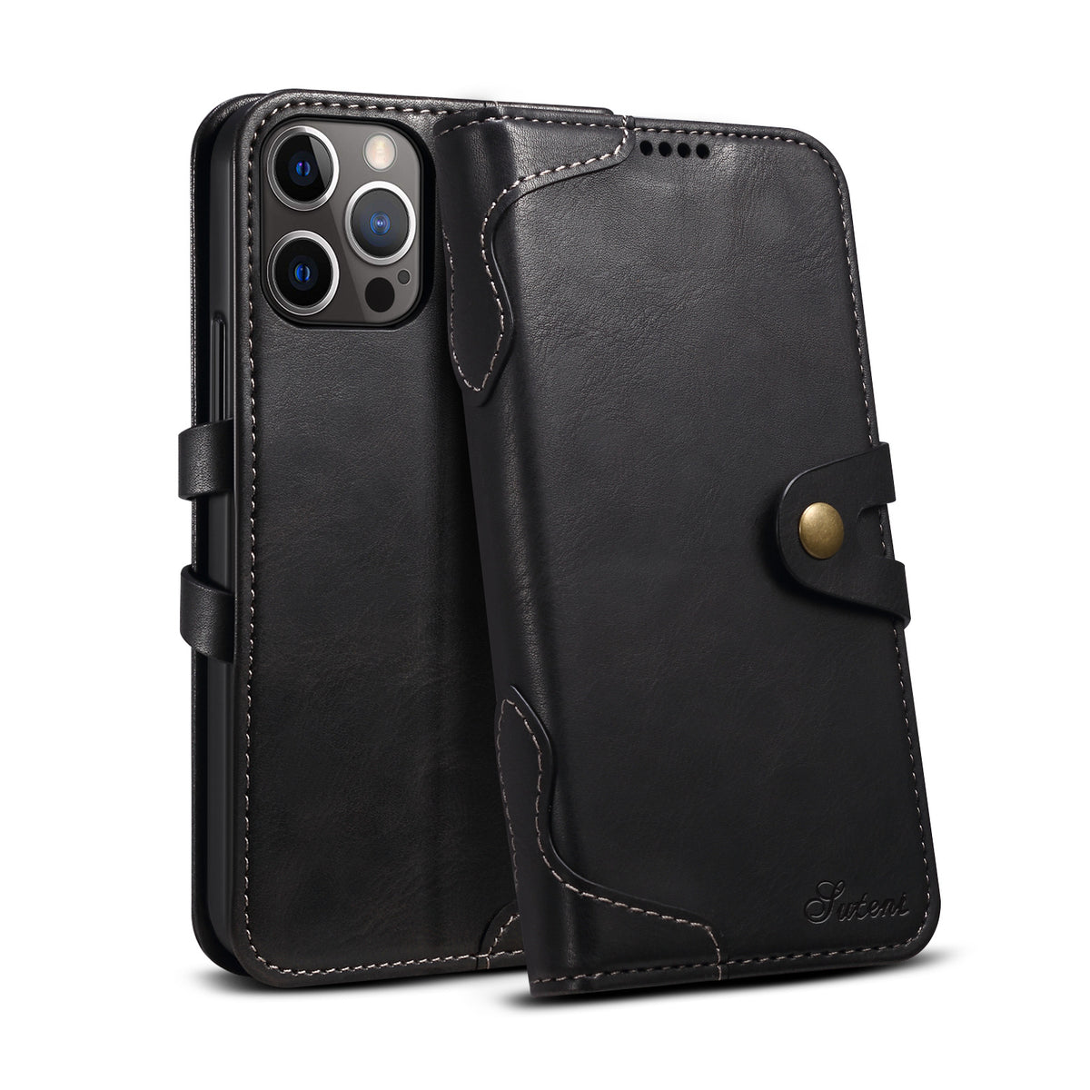 "Premium Leder Flip Wallet Handyhülle für iPhone 13, 13 Pro, 12 - Business-Stil in Schwarz, Braun, Rot, Blau"