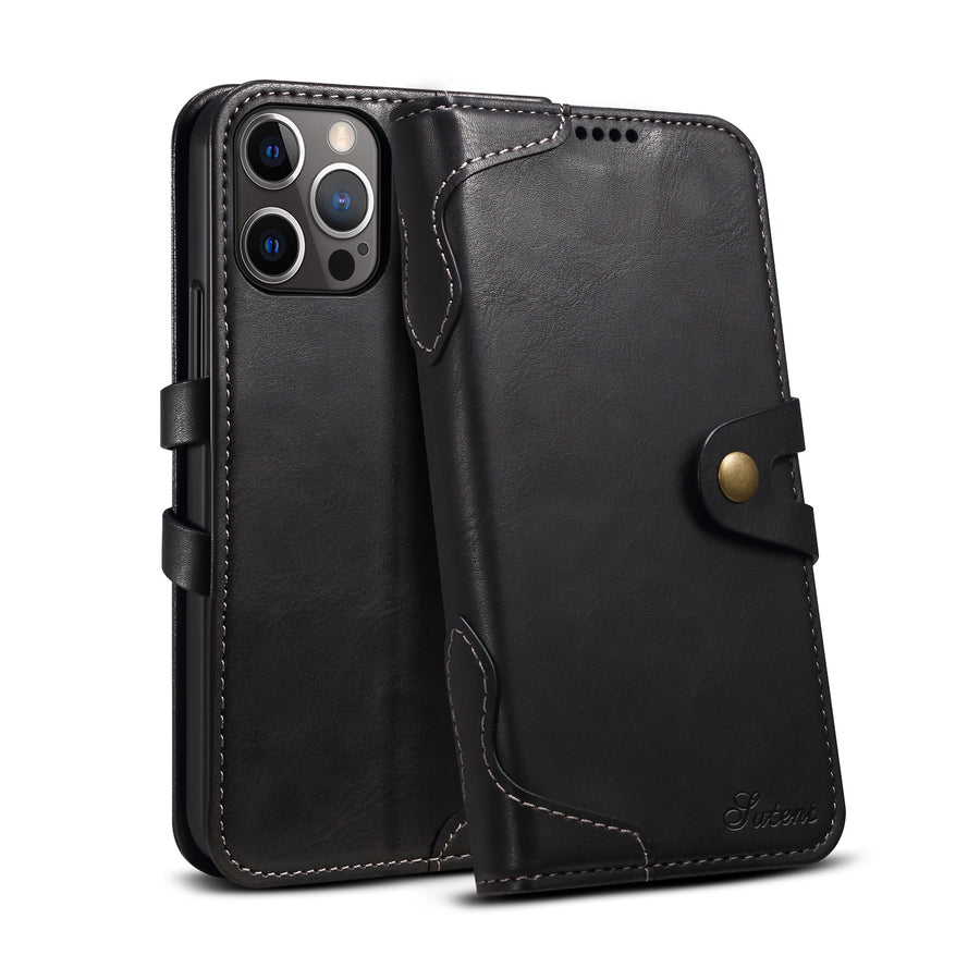 "Premium Leder Flip Wallet Handyhülle für iPhone 13, 13 Pro, 12 - Business-Stil in Schwarz, Braun, Rot, Blau"