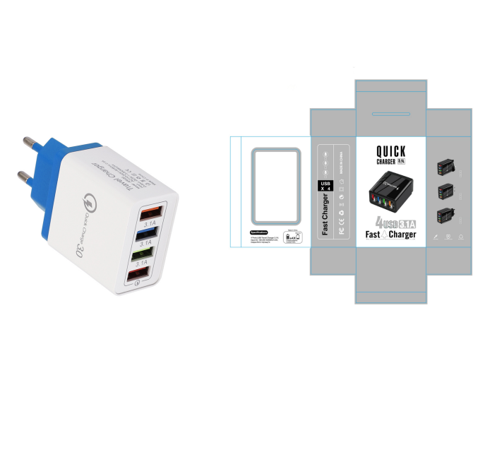 "Schnell-Ladegerät USB 3.0 mit 4 Ports, Kompatibel mit iPhone, Huawei & Mehr, Tragbare Wandladegerät für Zuhause und Reise"