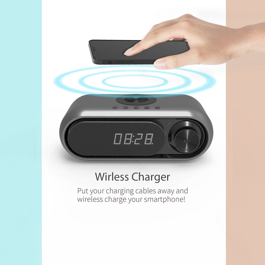 "Multifunktionaler Nachttisch-Wecker mit Bluetooth-Lautsprecher und drahtlosem 10W-Schnellladegerät, USB-Stromversorgung, MP3-Wiedergabe, Radiofunktion - in verschiedenen Farben erhältlich"