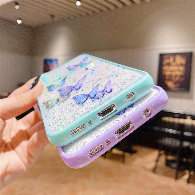 "Modische Epoxy Schmetterling Silikon Handyhülle, Kompatibel mit Samsung S21 Serie und A-Serie, Tier Element Design in Rosa, Lila, Minzblau"