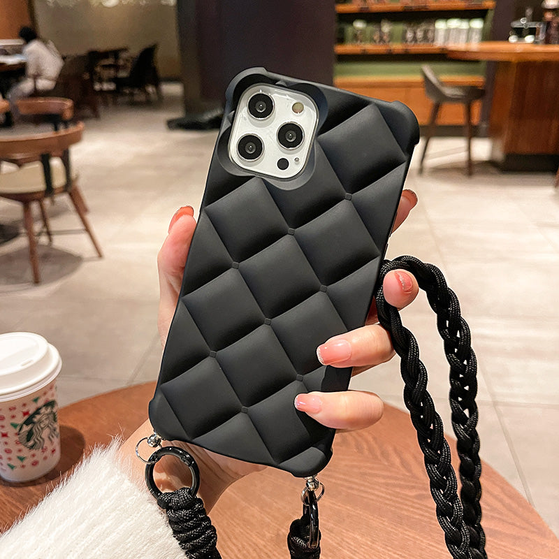 "Stilvolle Silikon Handyhülle für Apple 14 mit Kreuzkörpergurt, Sturzprävention und 3D-Diamant-Design in verschiedenen Farben"